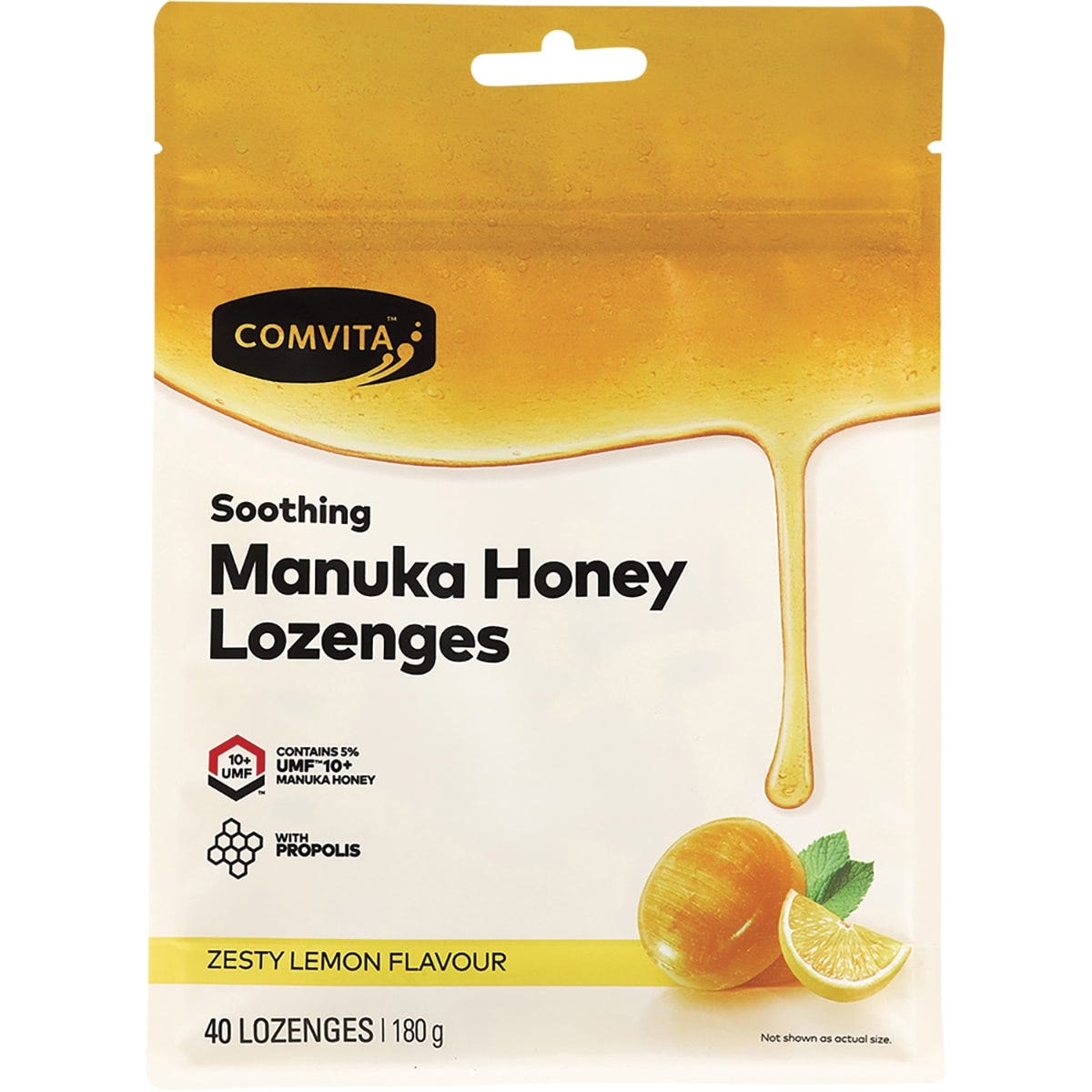 Comvita Manuka Honey Lozenges Zesty Lemon 40-pack bag with UMF 10+ and propolis for throat relief.