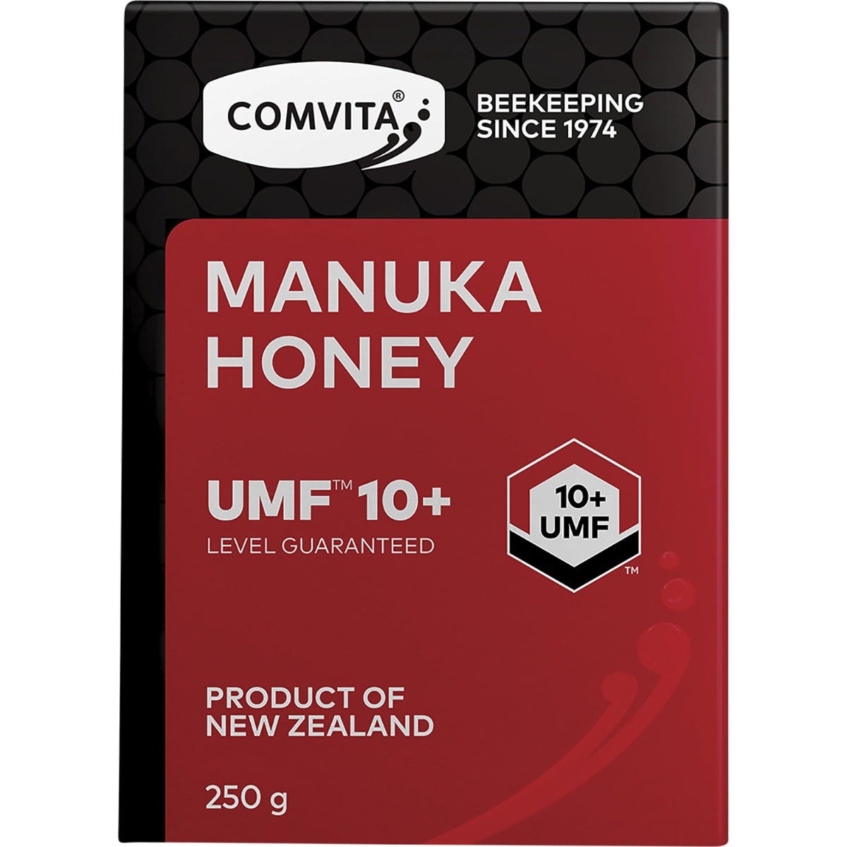 250g jar of Comvita Manuka Honey UMF 10+ with a gold and black label on a white background.