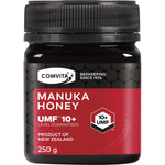 250g jar of Comvita Manuka Honey UMF 10+ with a gold and black label on a white background.