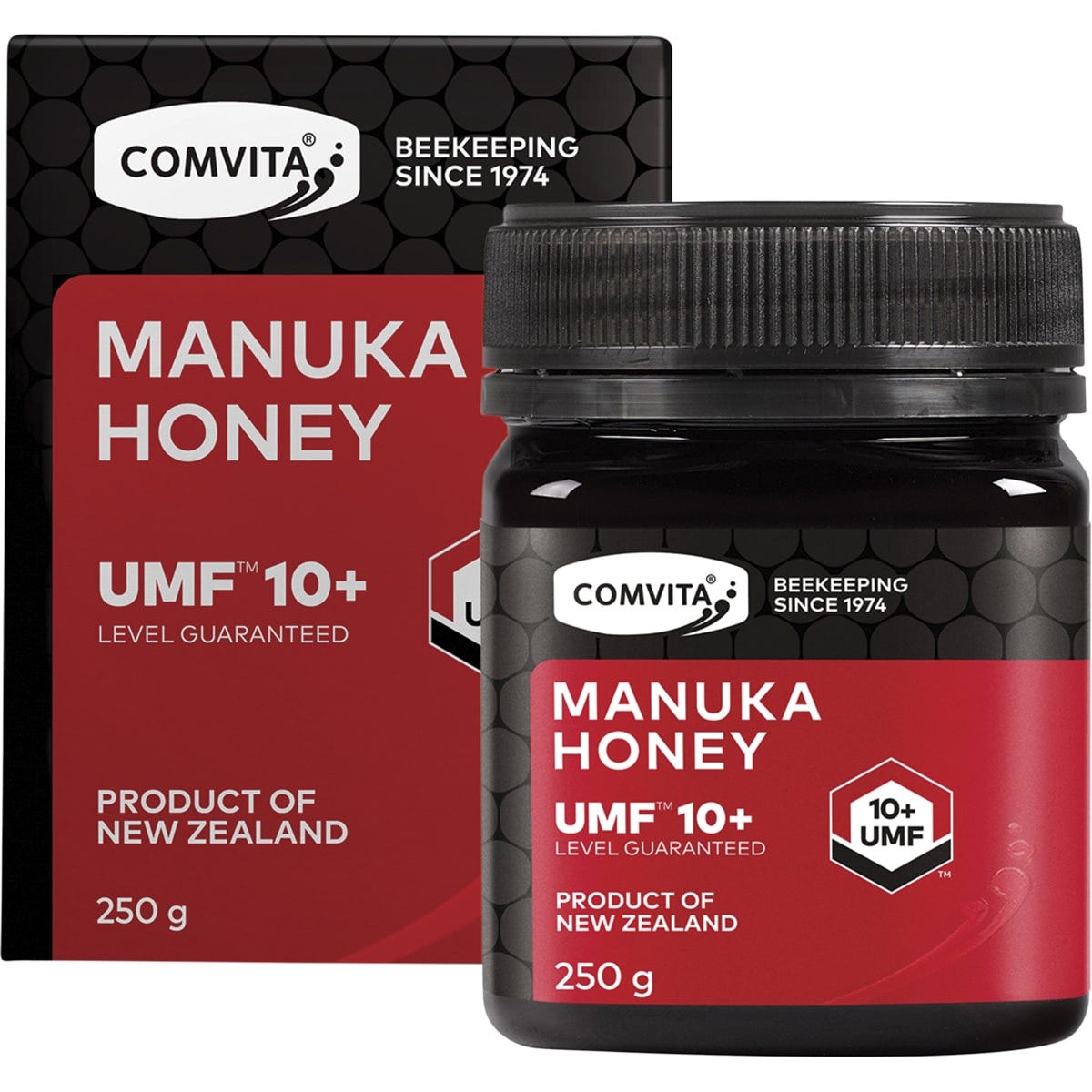250g jar of Comvita Manuka Honey UMF 10+ with a gold and black label on a white background.