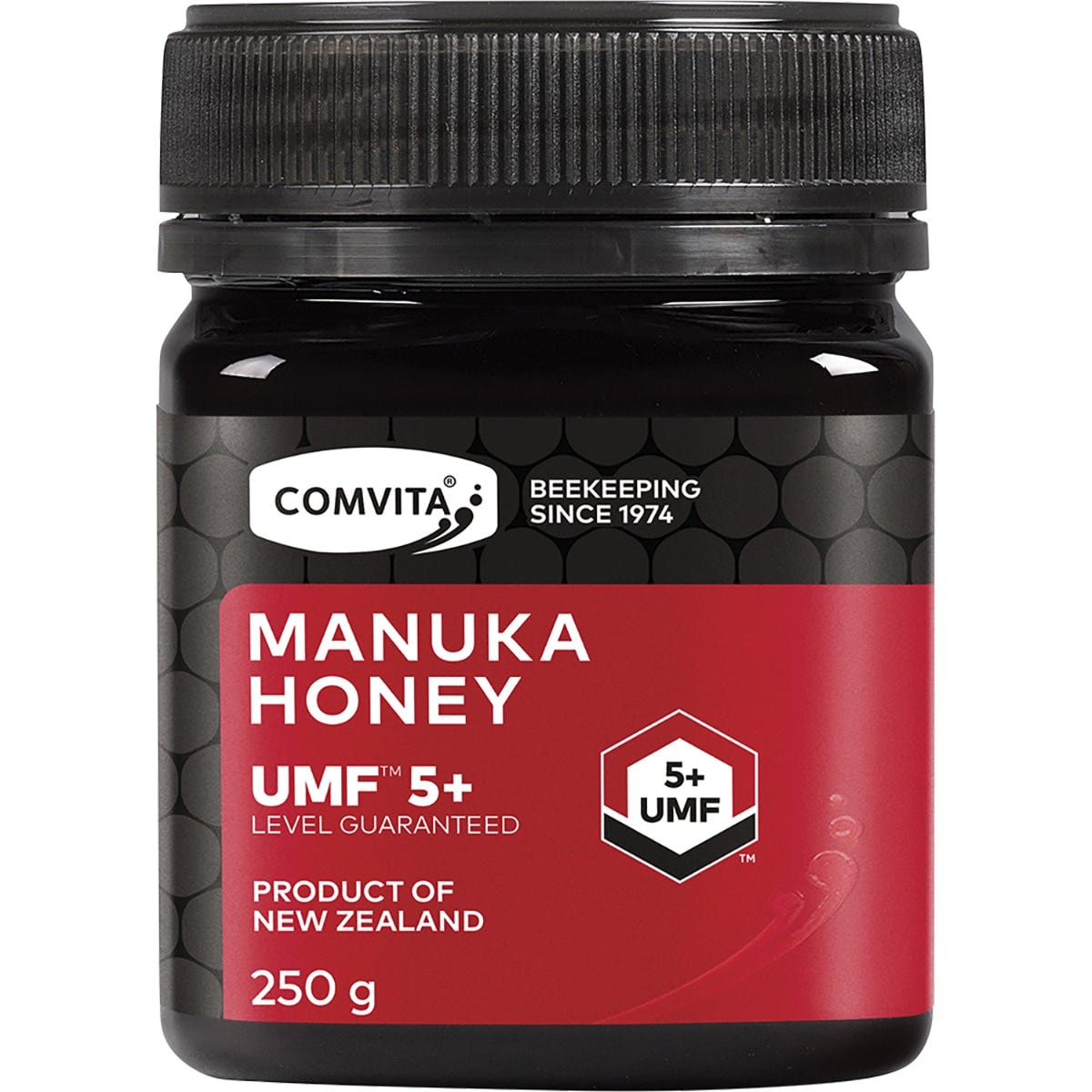 250g jar of Comvita Manuka Honey UMF 5+ featuring a gold and black label on a white background.