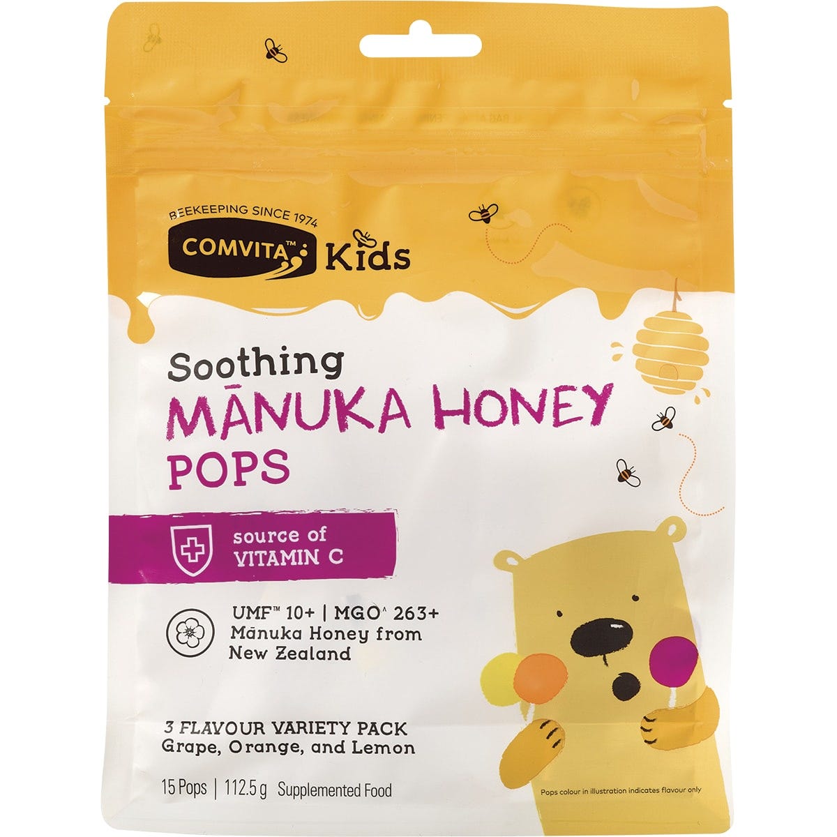 Comvita Kids Manuka Honey Pops 15-pack box with grape, orange, and lemon lollipops and Vitamin C for immune support.