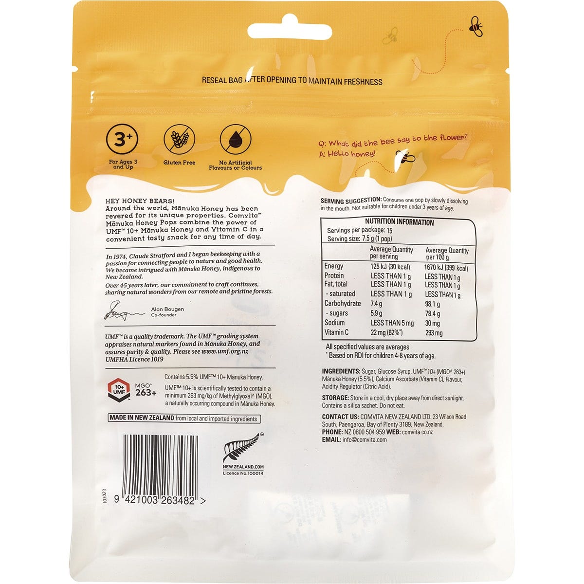 Comvita Kids Manuka Honey Pops 15-pack with grape, orange, and lemon lollipops on a white background.