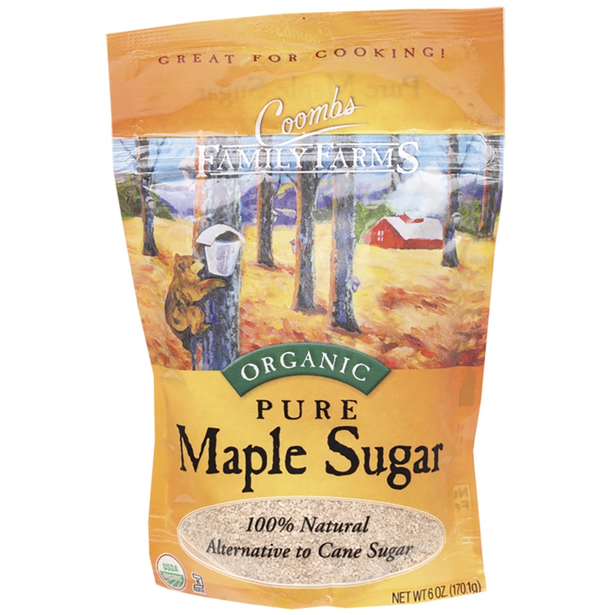 170g resealable pouch of Coombs Family Farms 100% Pure Organic Maple Sugar granules on a white background.