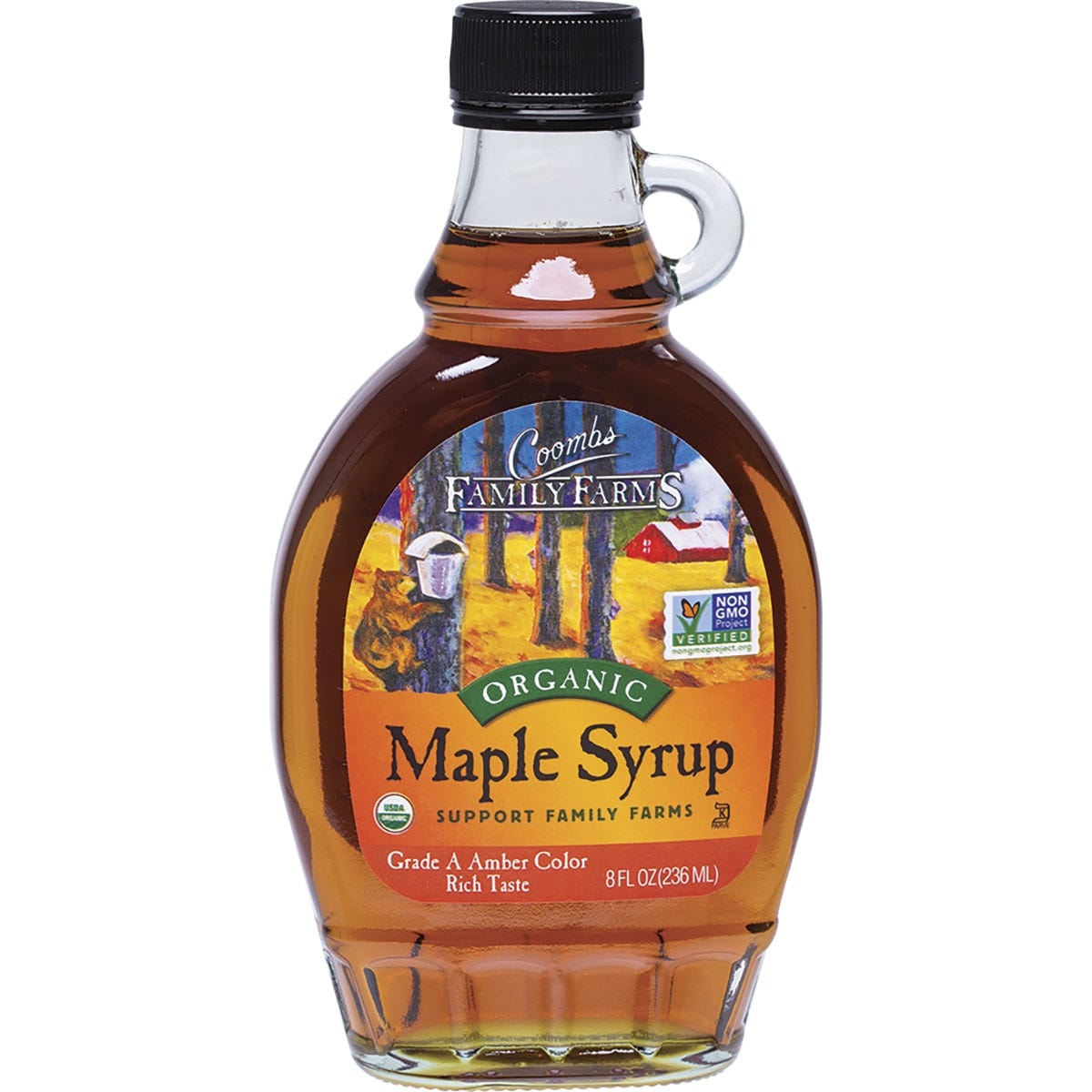 236ml glass bottle of Coombs Family Farms Grade A Maple Syrup with a yellow label and handle on a white background.