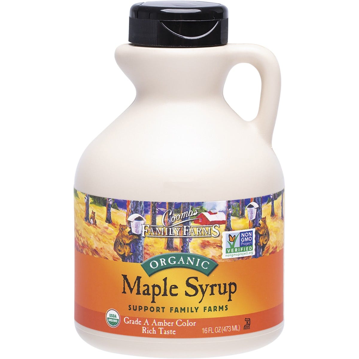 473ml jug of Coombs Family Farms Grade A Amber Color Rich Taste Organic Maple Syrup on a white background.