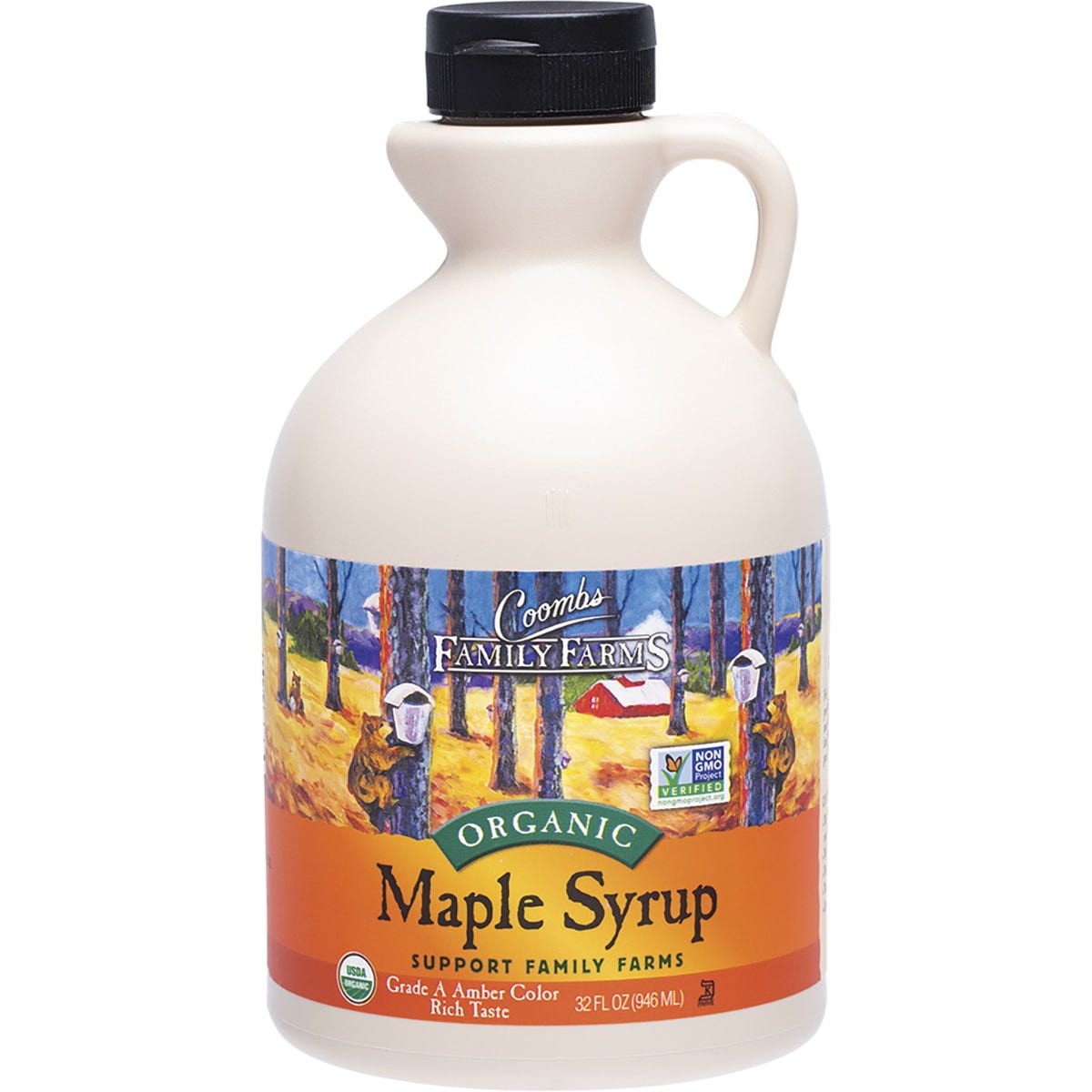 946ml jug of Coombs Family Farms Grade A organic maple syrup with a white handle and a yellow cap.