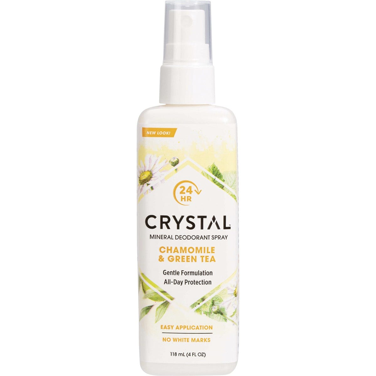 Crystal Deodorant Spray Chamomile and Green Tea 118ml bottle with a purple and green label on a white background.
