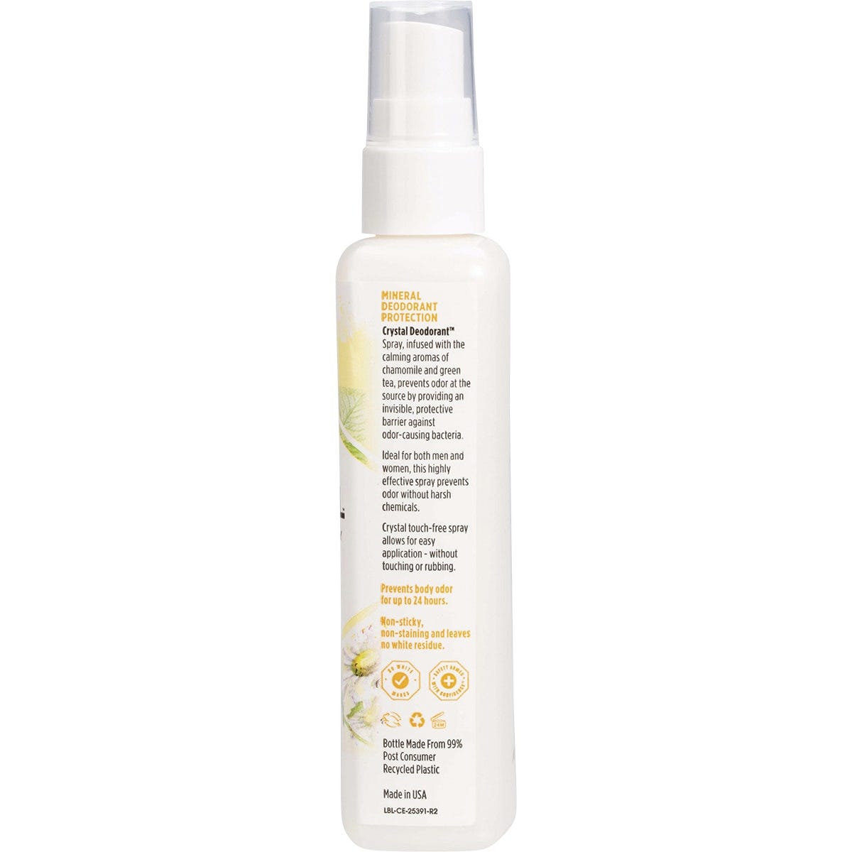 Back of Crystal Deodorant Chamomile and Green Tea spray bottle showing ingredients, directions, and product benefits.
