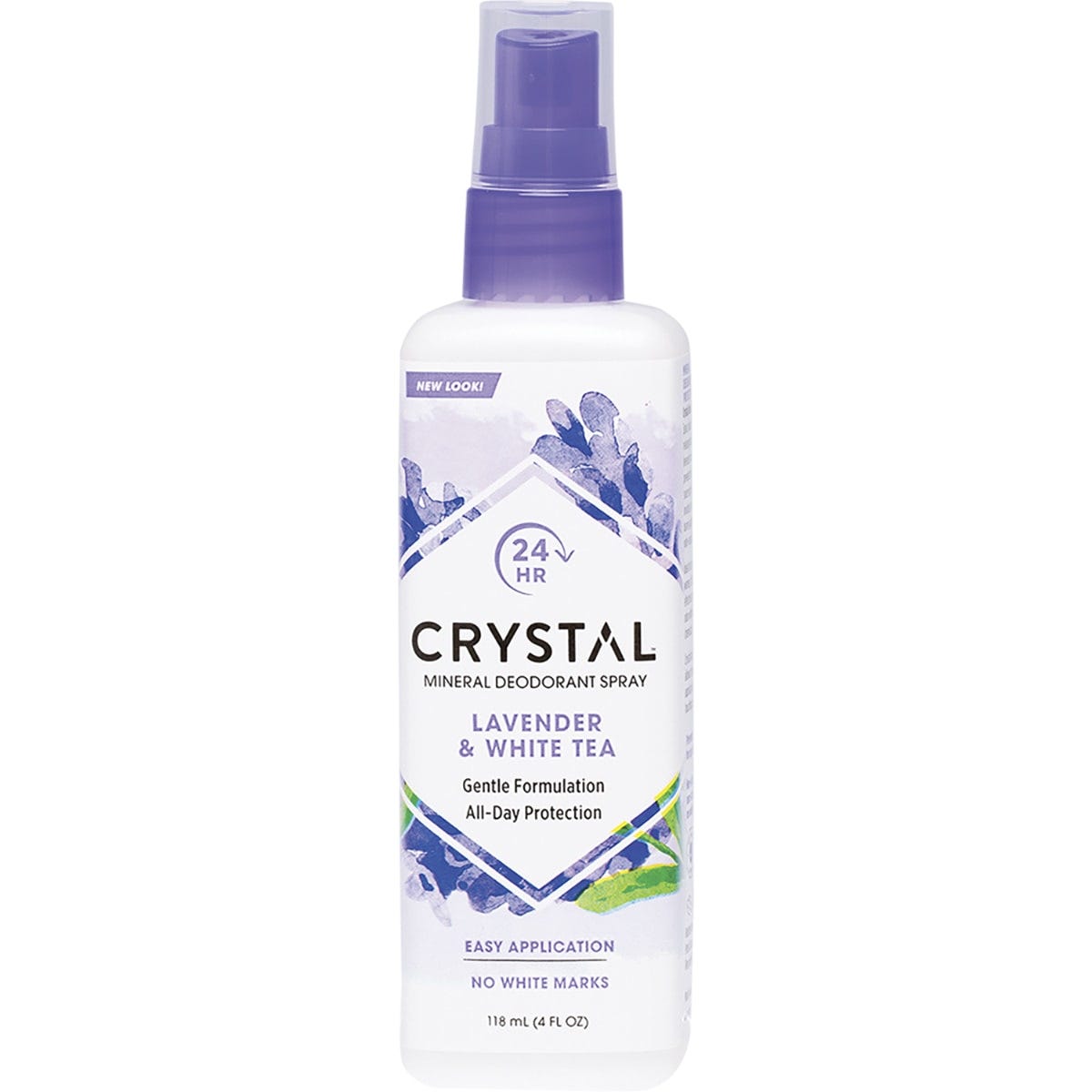 Crystal Lavender and White Tea mineral deodorant spray in a 118ml clear bottle with a white pump and purple label.