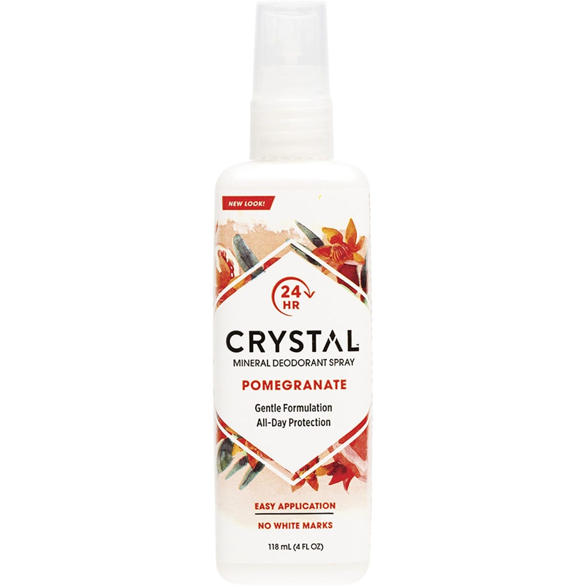 Crystal pomegranate mineral deodorant spray in a 118ml clear bottle with a purple pump and a fruit-themed label.