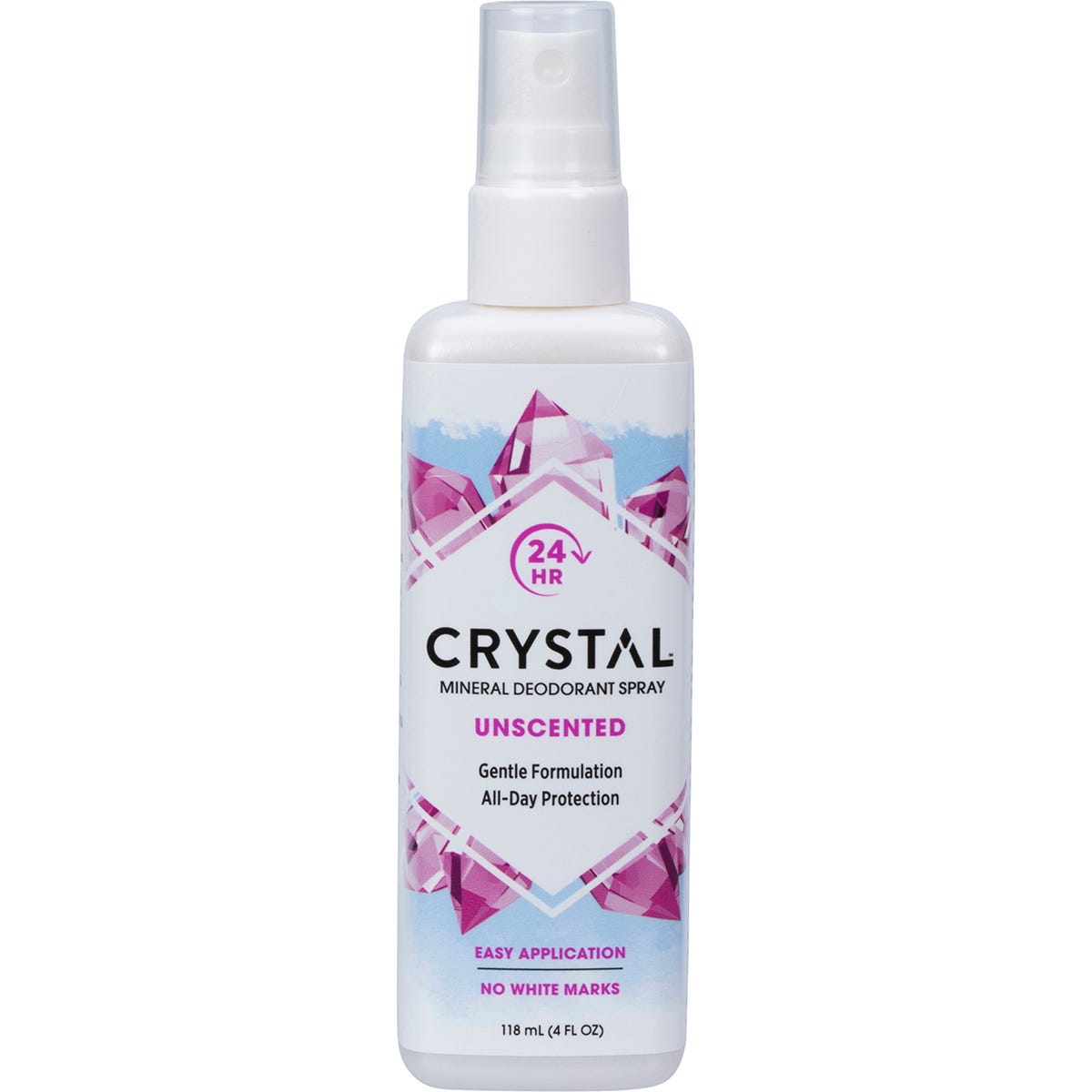 118ml bottle of Crystal Unscented Mineral Deodorant Spray, a fragrance-free, non-sticky formula for 24-hour odor protection.