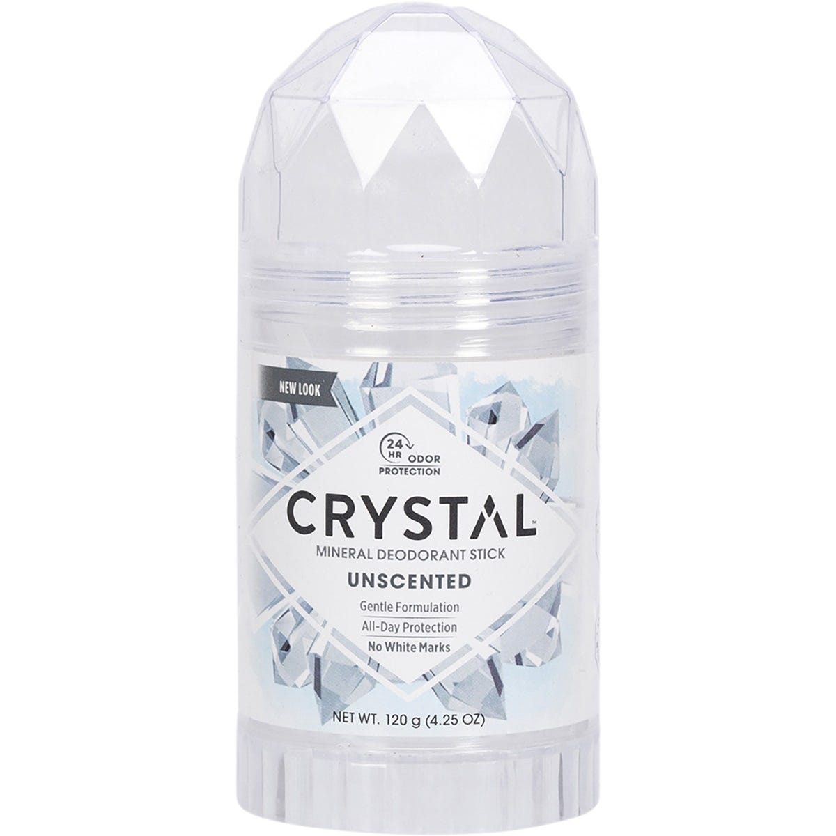 Unscented 120g Crystal Mineral Deodorant Stick with a clear stone in a white plastic base and dome cap.