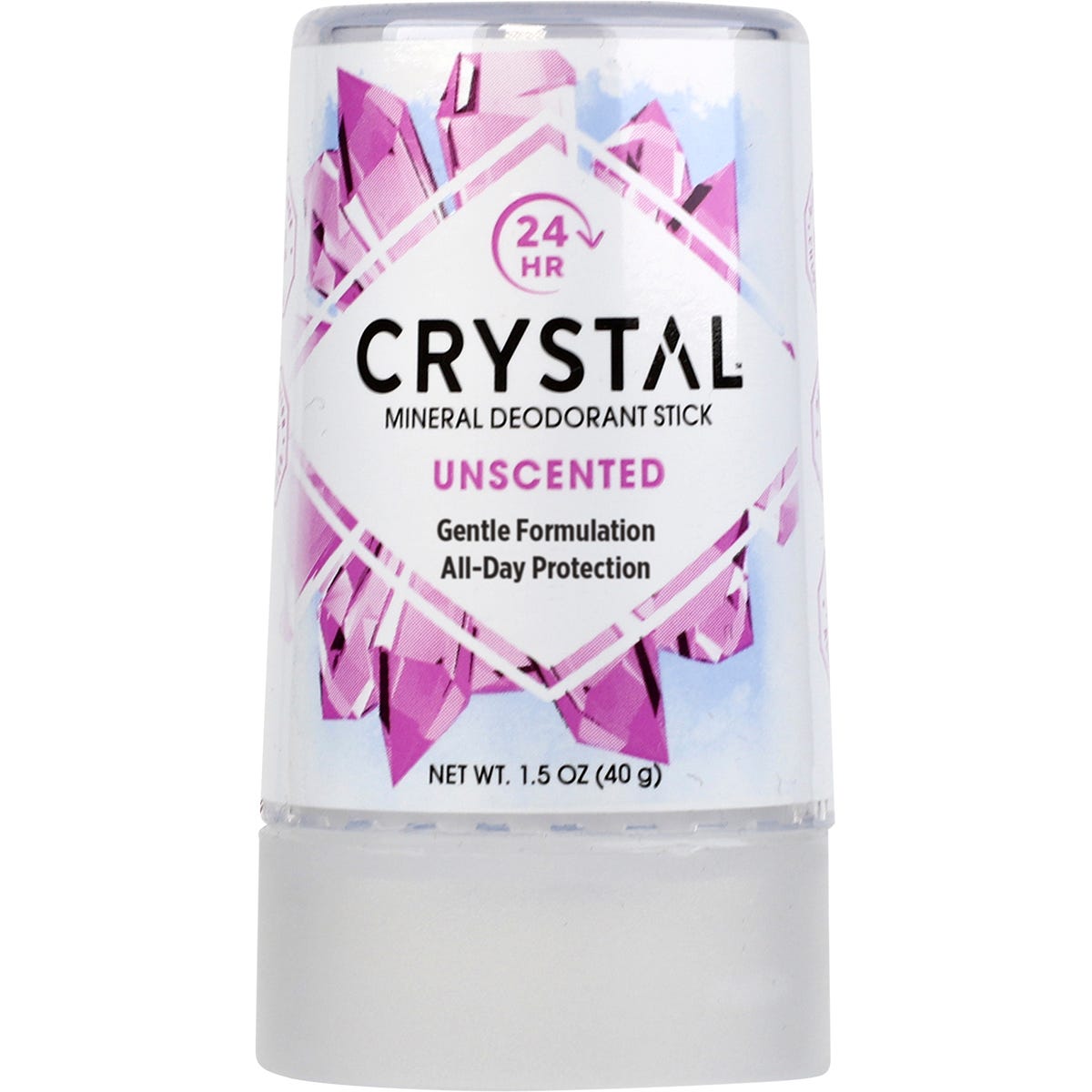 Unscented Crystal Mineral Deodorant Stick 40g travel size in a clear plastic container with a purple and white label.