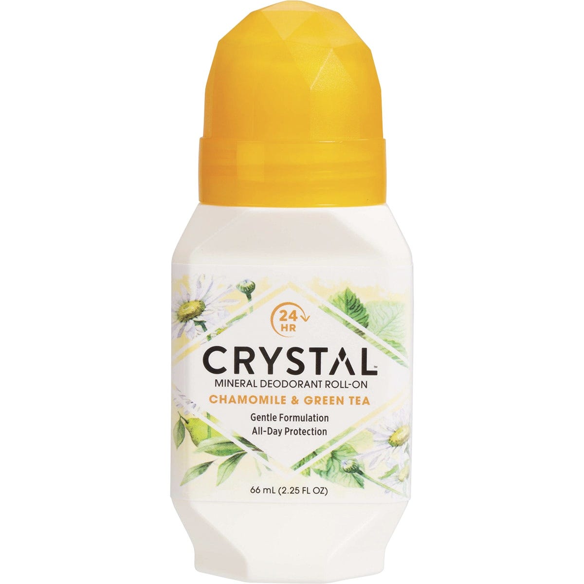 66ml bottle of Crystal Chamomile and Green Tea roll-on mineral deodorant with a purple cap and botanical label.