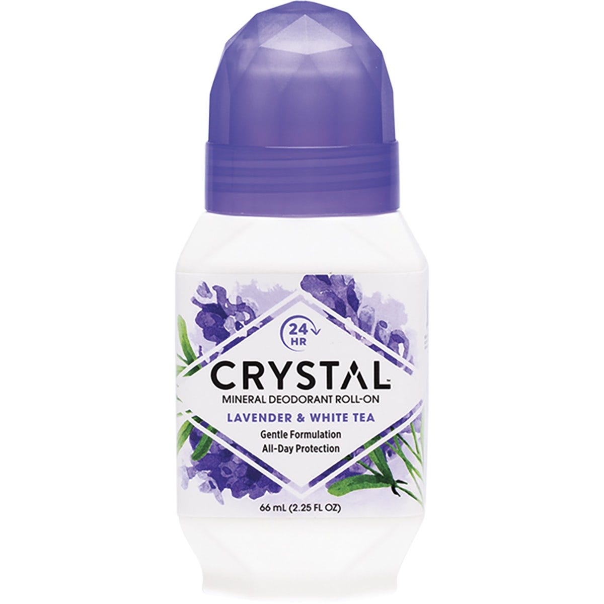 Crystal Lavender and White Tea roll-on mineral deodorant in a 66ml purple and white bottle.