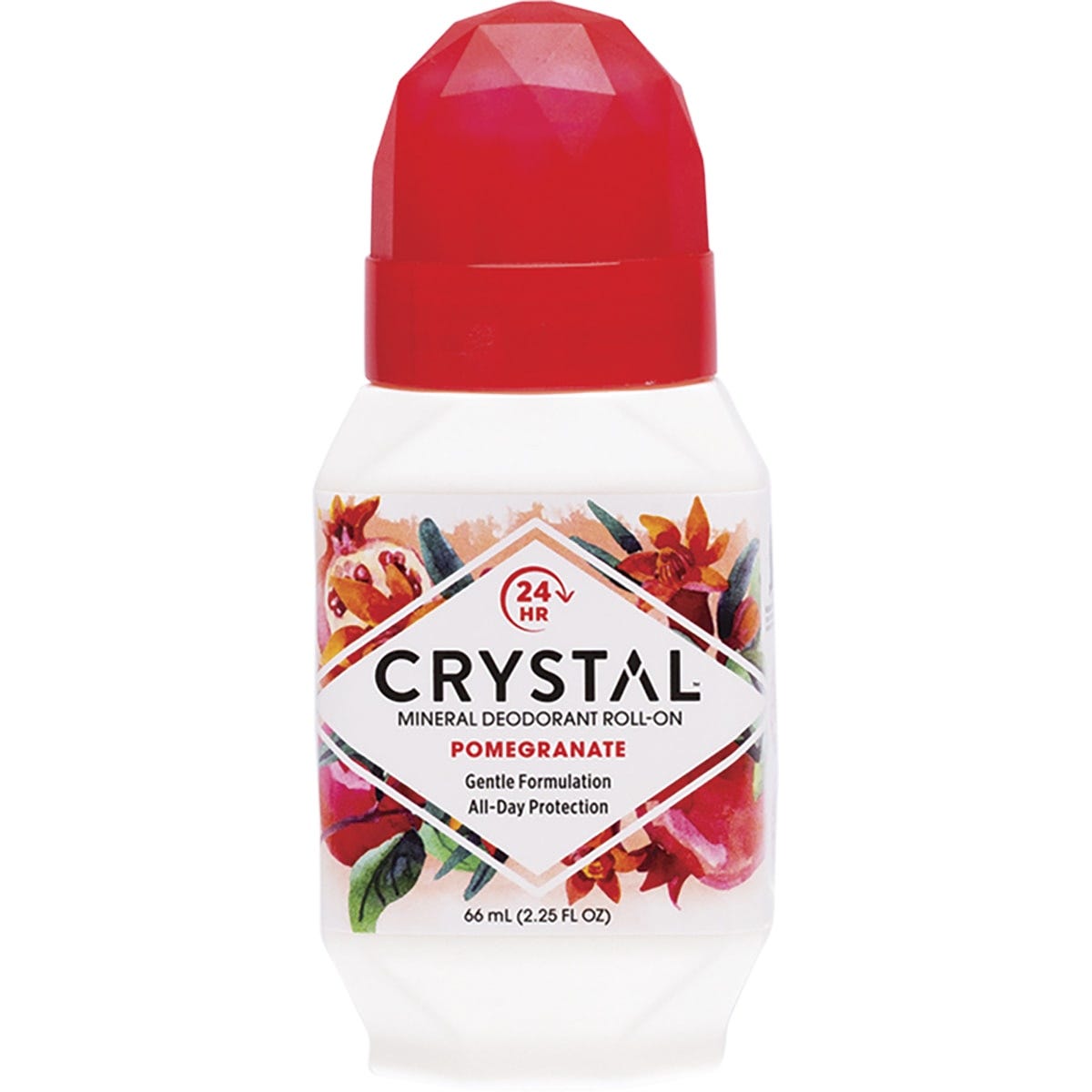 Crystal pomegranate mineral deodorant roll-on 66ml bottle with purple label and pomegranate graphics.