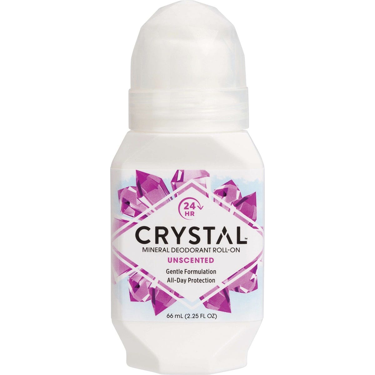 Crystal unscented mineral roll-on deodorant in a 66ml white and blue bottle on a white background.