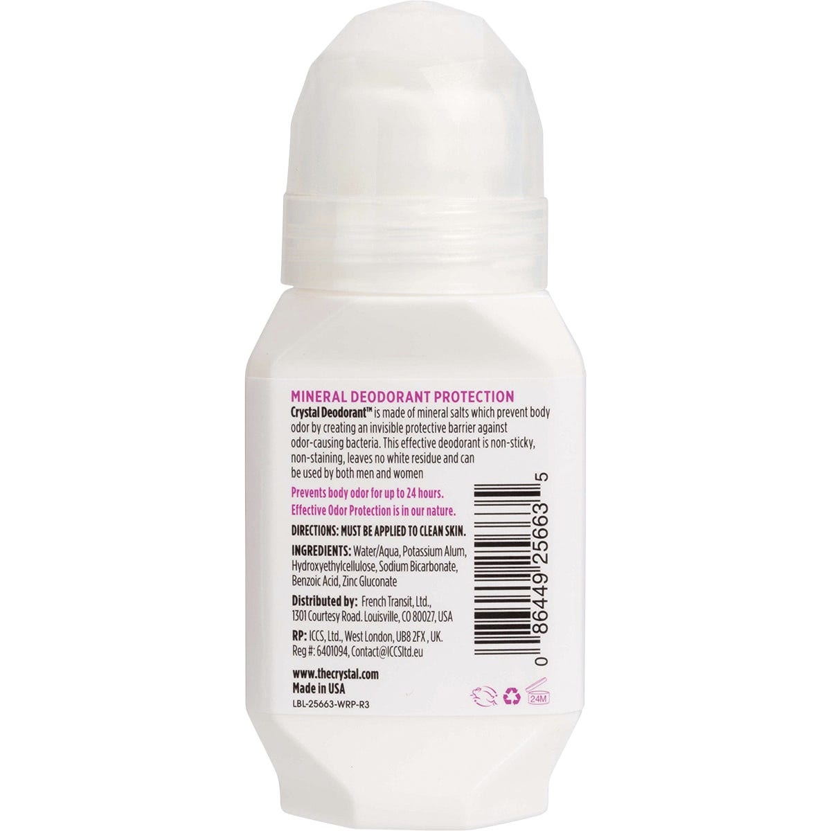 Crystal unscented mineral roll-on deodorant in a 66ml bottle, shown from a side angle on a white background.