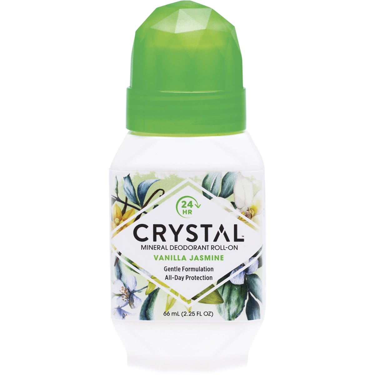 Crystal Vanilla Jasmine 66ml mineral roll-on deodorant bottle with a white cap and purple label.