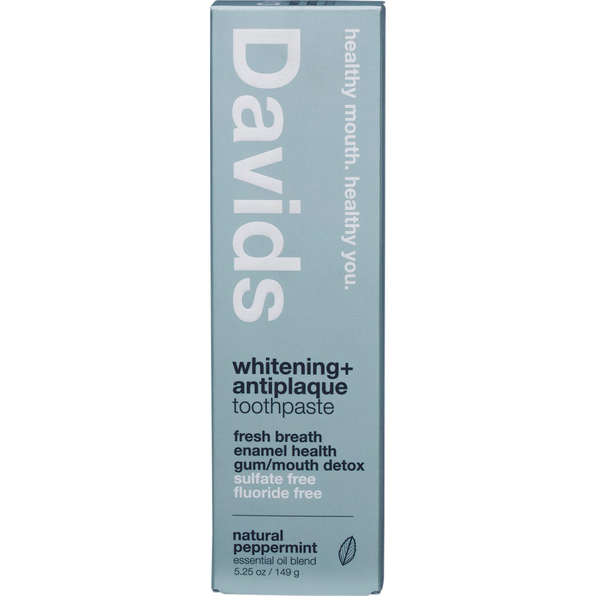 Davids Peppermint Whitening Toothpaste retail box with clean, white and blue minimalist design on a white background.