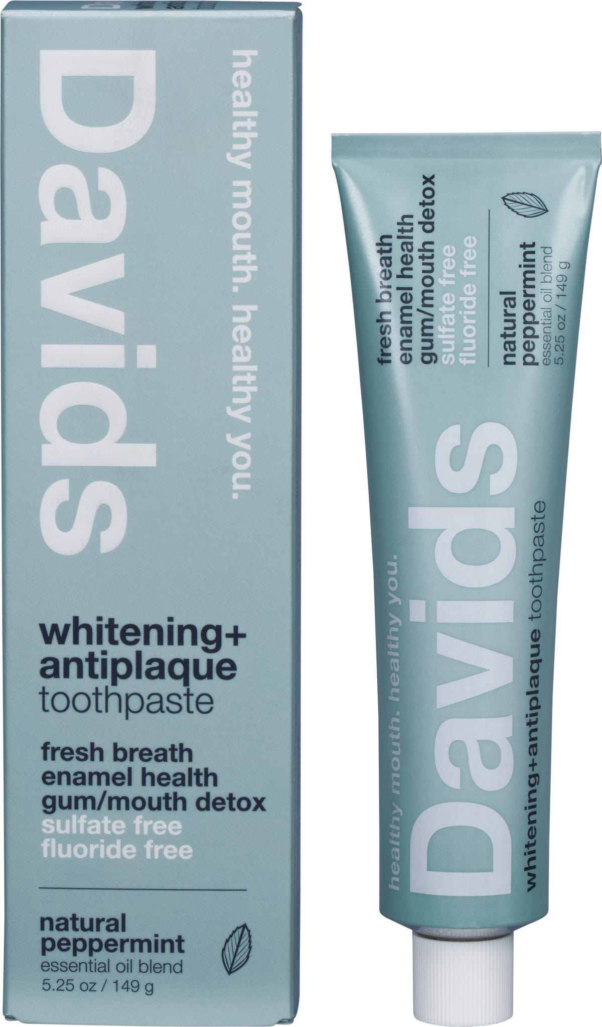 Davids Peppermint Whitening Toothpaste tube and box with metal tube squeezer on a white background.