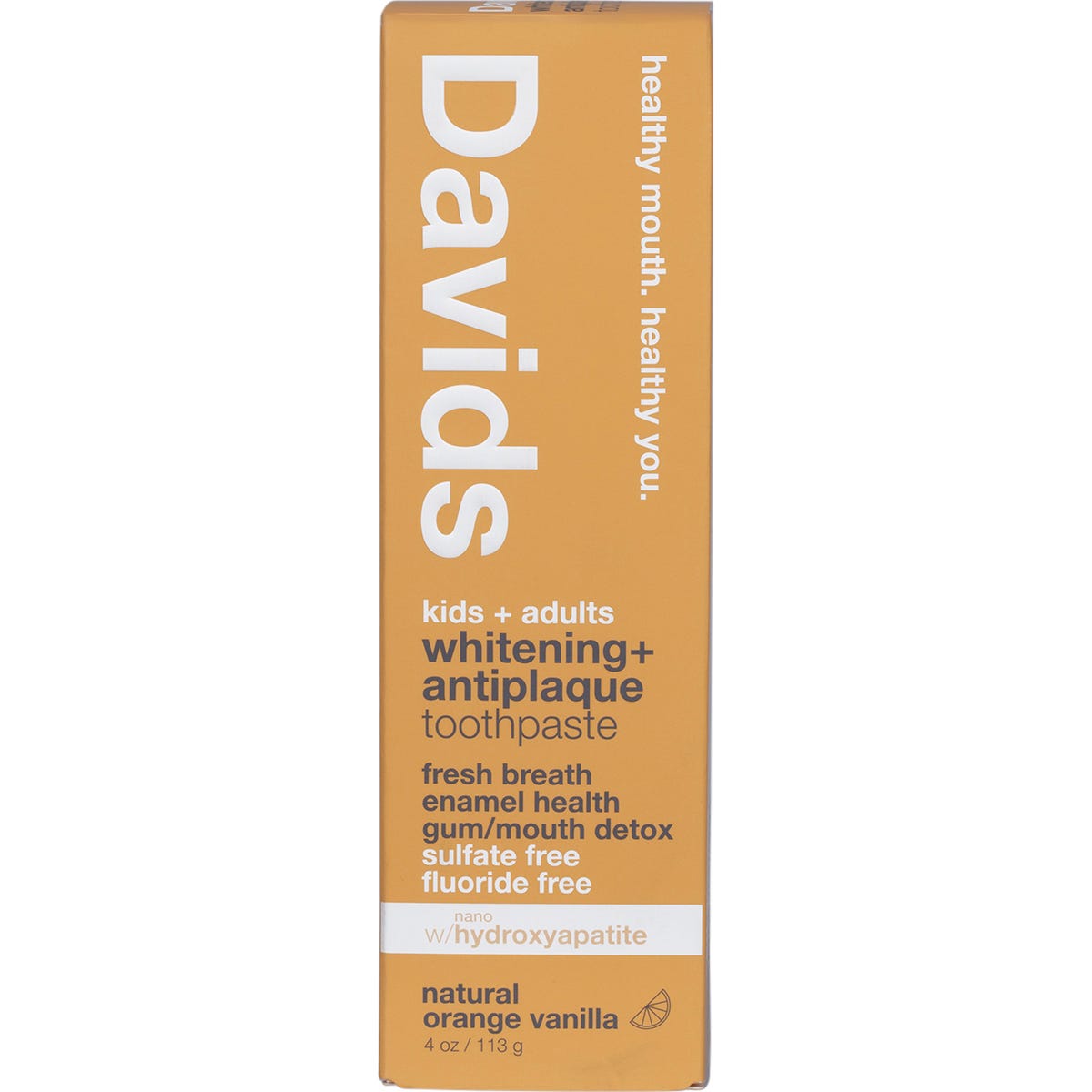Orange and white boxed packaging for Davids Orange Vanilla whitening toothpaste on a white background.