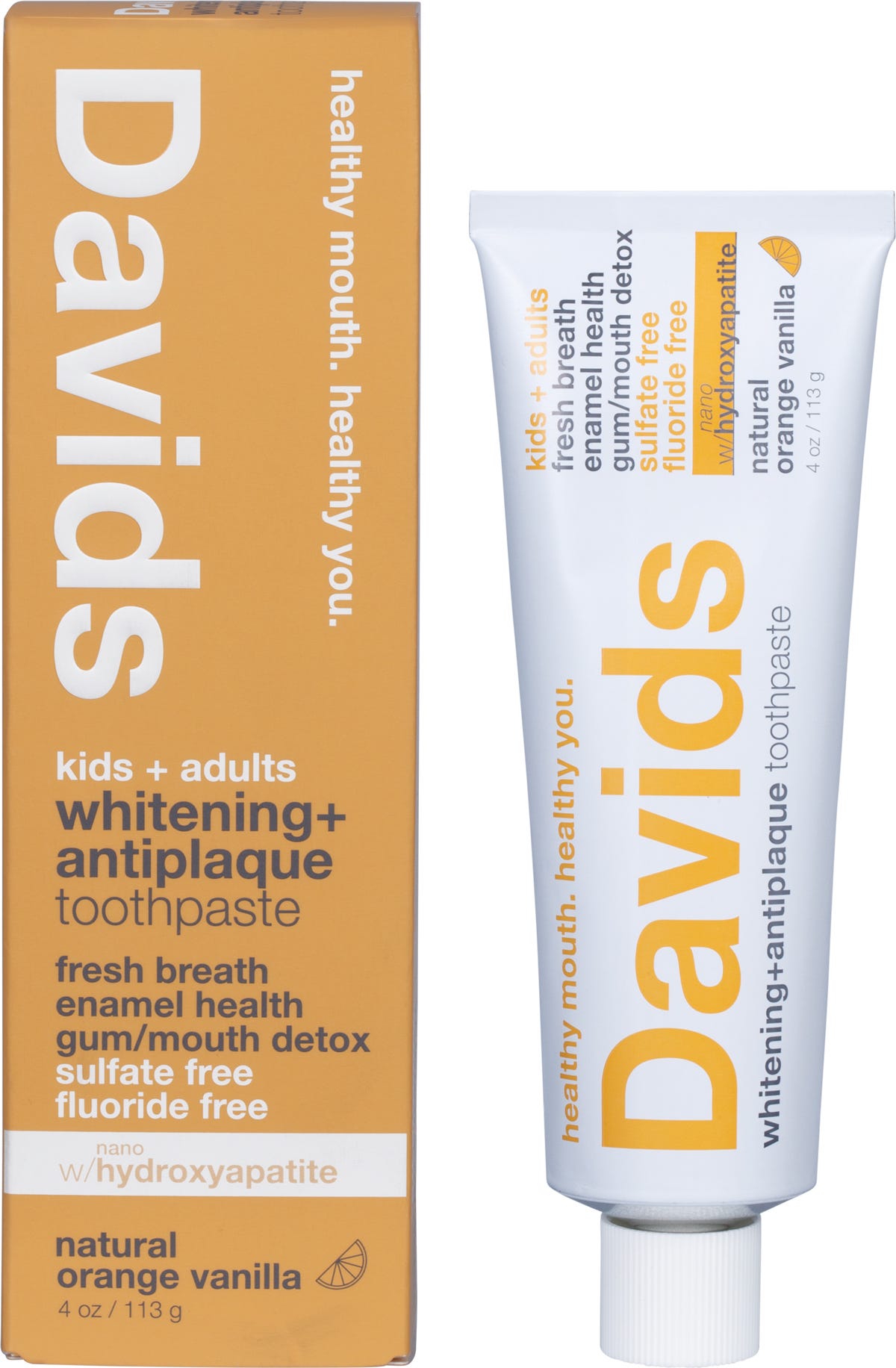 Davids Orange Vanilla whitening toothpaste tube, boxed packaging, and a metal tube key on a white background.