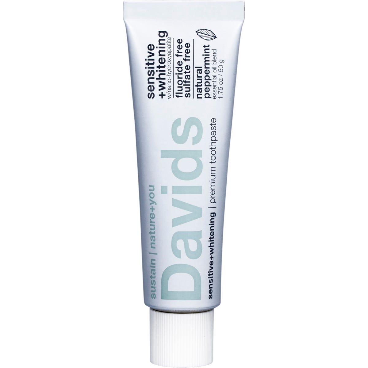 Davids 50g peppermint sensitive and whitening toothpaste in a recyclable metal tube on a white background.
