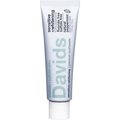 Davids 50g peppermint sensitive and whitening toothpaste in a recyclable metal tube on a white background.