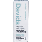 White retail box for Davids Peppermint Sensitive + Whitening toothpaste with blue and black text on a white background.
