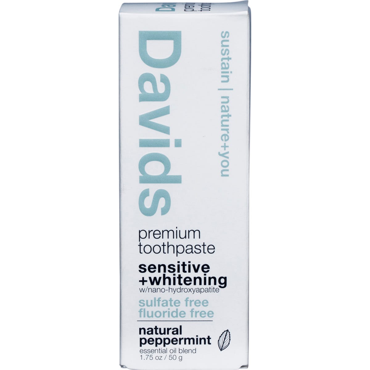 White retail box for Davids Peppermint Sensitive + Whitening toothpaste with blue and black text on a white background.