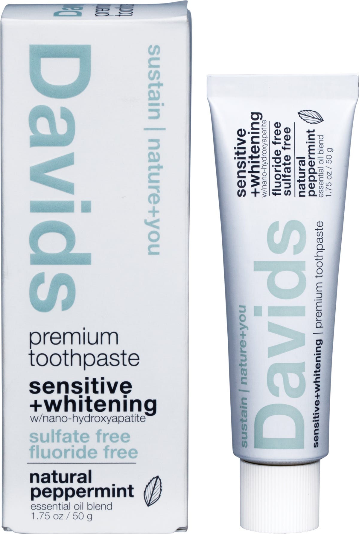 Davids Sensitive and Whitening Peppermint Toothpaste 50g tube and box with a metal tube key.