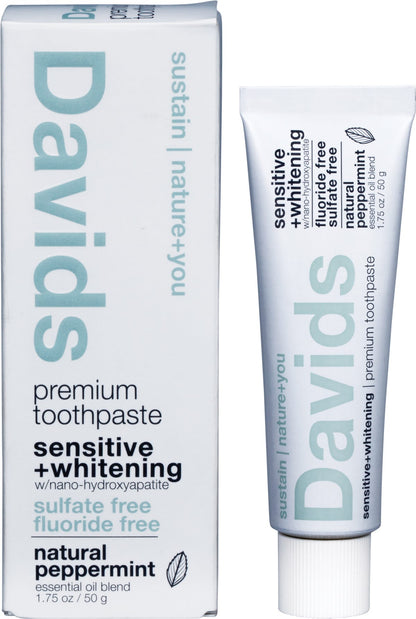 Davids Sensitive and Whitening Peppermint Toothpaste 50g tube and box with a metal tube key.