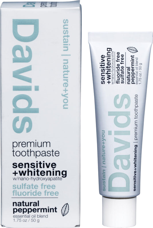 Davids Sensitive and Whitening Peppermint Toothpaste 50g tube and box with a metal tube key.