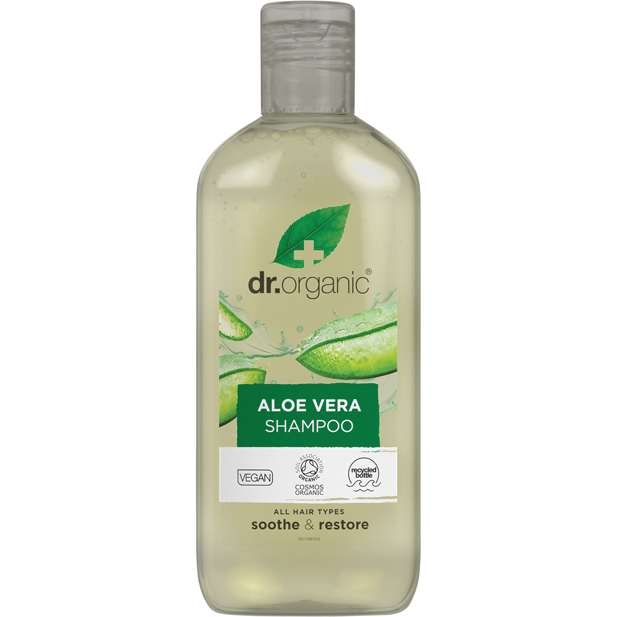 Dr Organic Aloe Vera Shampoo 265ml bottle with green aloe illustrations and organic certification logos.