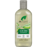 Dr Organic Aloe Vera Shampoo 265ml bottle with green aloe illustrations and organic certification logos.