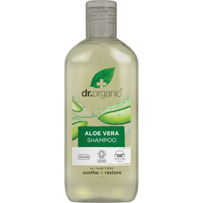 Dr Organic Aloe Vera Shampoo 265ml bottle with green aloe illustrations and organic certification logos.