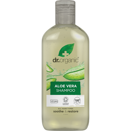 Dr Organic Aloe Vera Shampoo 265ml bottle with green aloe illustrations and organic certification logos.