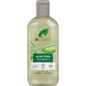 Dr Organic Aloe Vera Shampoo 265ml bottle with green aloe illustrations and organic certification logos.