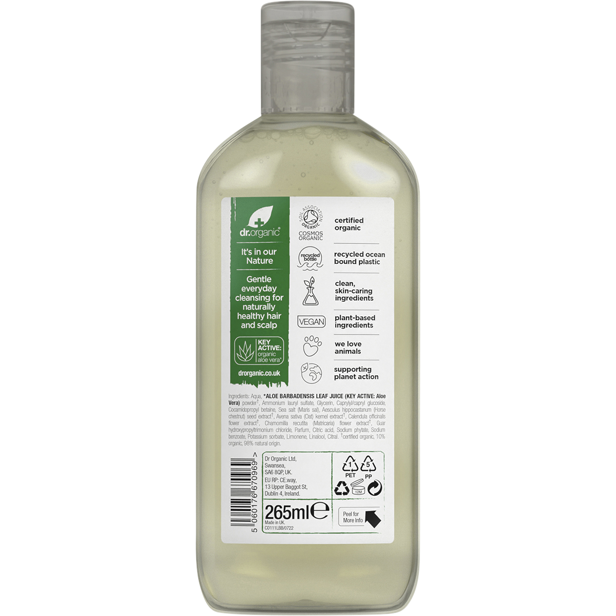 Back of Dr Organic Aloe Vera Shampoo 265ml bottle showing ingredients, benefits, and usage instructions.