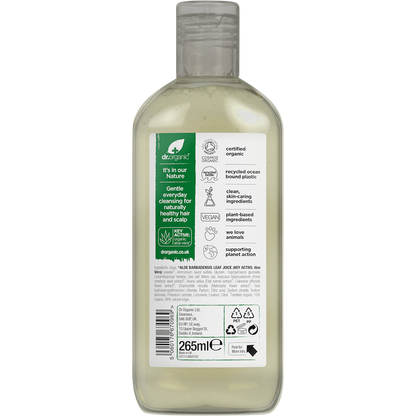 Back of Dr Organic Aloe Vera Shampoo 265ml bottle showing ingredients, benefits, and usage instructions.