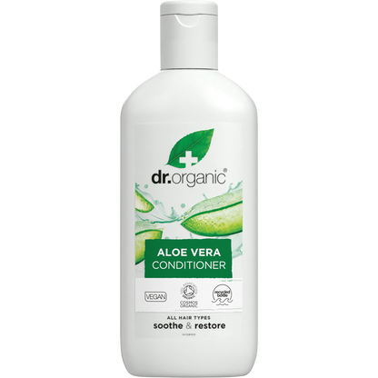 Dr Organic Aloe Vera Conditioner 265ml bottle featuring a green label with aloe vera illustrations.