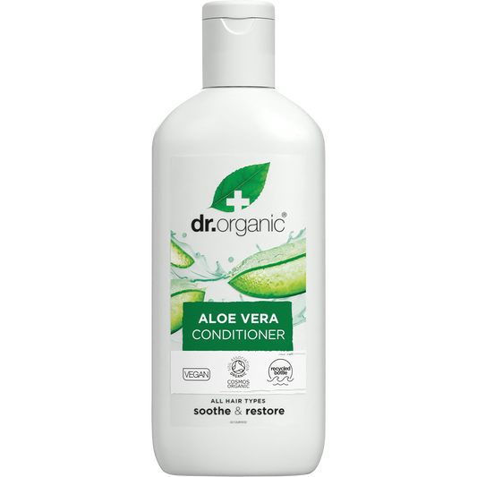 Dr Organic Aloe Vera Conditioner 265ml bottle featuring a green label with aloe vera illustrations.