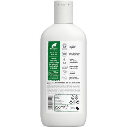 Back of Dr Organic Aloe Vera Conditioner 265ml bottle showing ingredients and usage instructions on a green label.