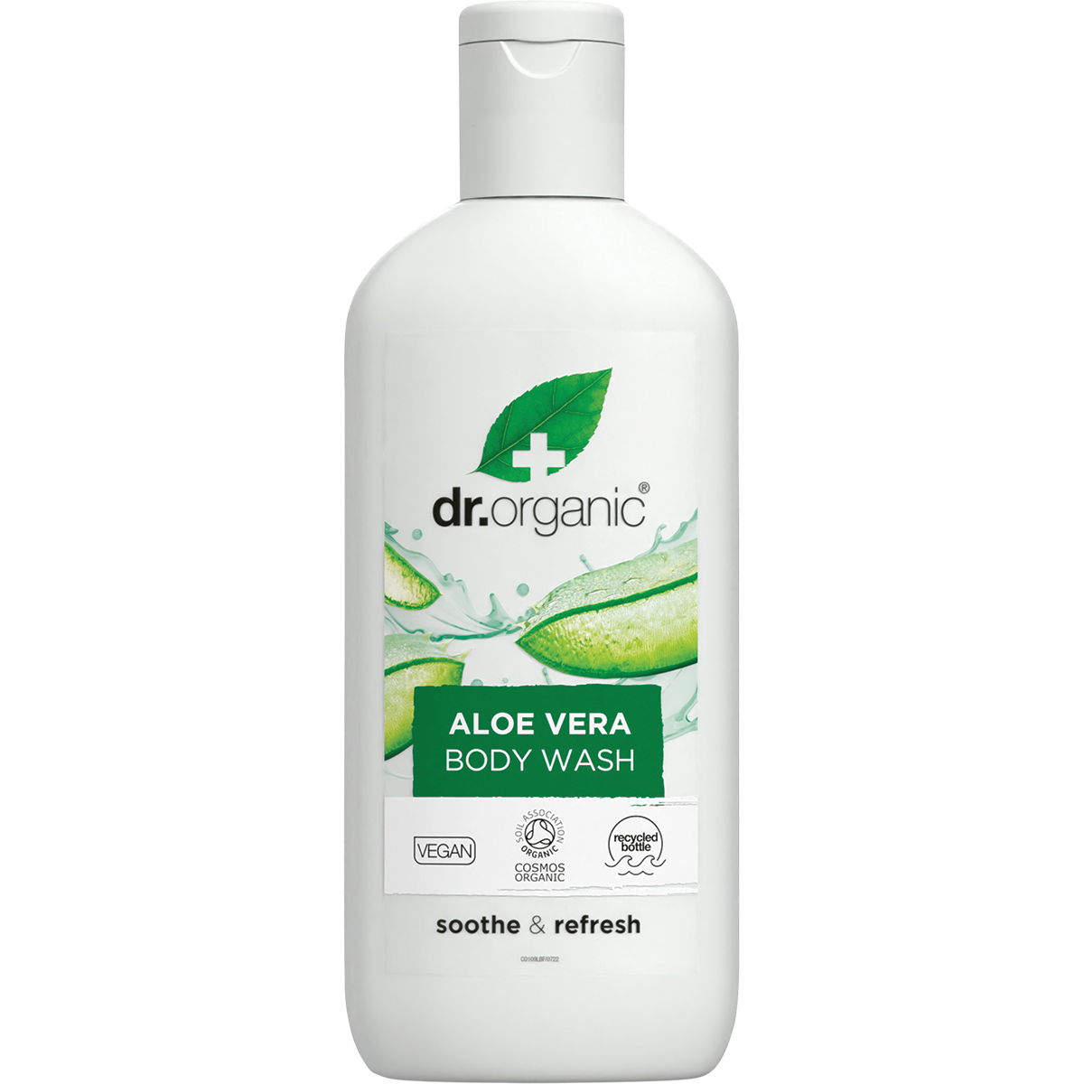Dr. Organic 250ml Aloe Vera body wash in a translucent green recyclable plastic bottle with a white flip-top cap.