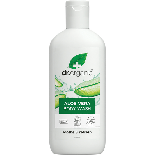 Dr. Organic 250ml Aloe Vera body wash in a translucent green recyclable plastic bottle with a white flip-top cap.