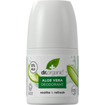 Dr Organic 50ml roll-on deodorant with aloe vera for sensitive skin, featuring a white bottle and green leaf graphics.