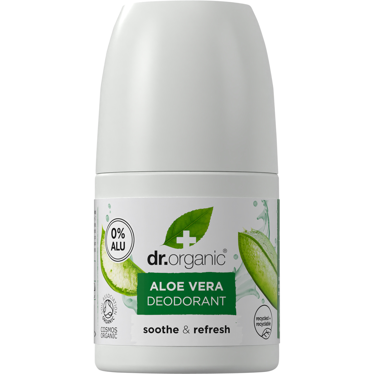 Dr Organic 50ml roll-on deodorant with aloe vera for sensitive skin, featuring a white bottle and green leaf graphics.