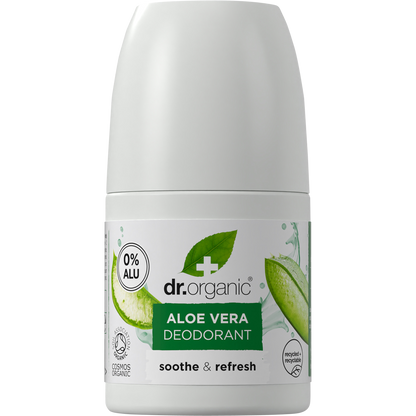 Dr Organic 50ml roll-on deodorant with aloe vera for sensitive skin, featuring a white bottle and green leaf graphics.